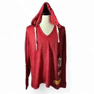 Disney‎ Mickey Mouse Red Hoodie Long Sleeve V-Neck Graphic Top